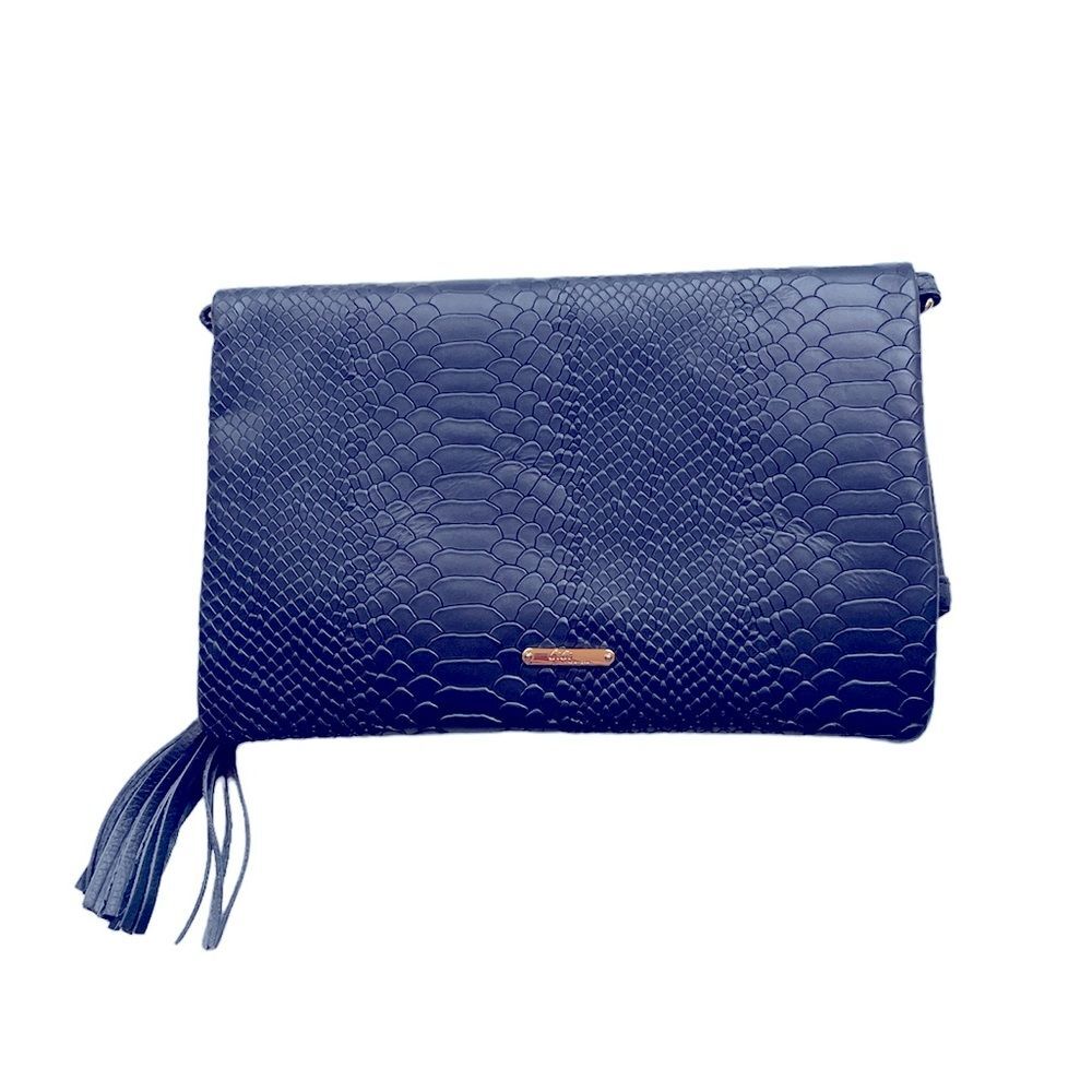 Gigi New York Fold Over Cross Body Blue Leather Zip Clutch Purse w/Tassel NWOT